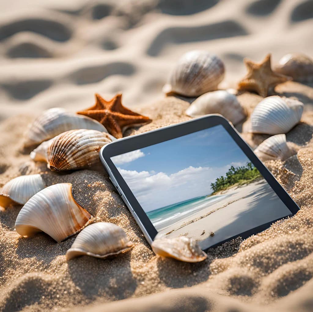 Tablet on sand with jingle shells.