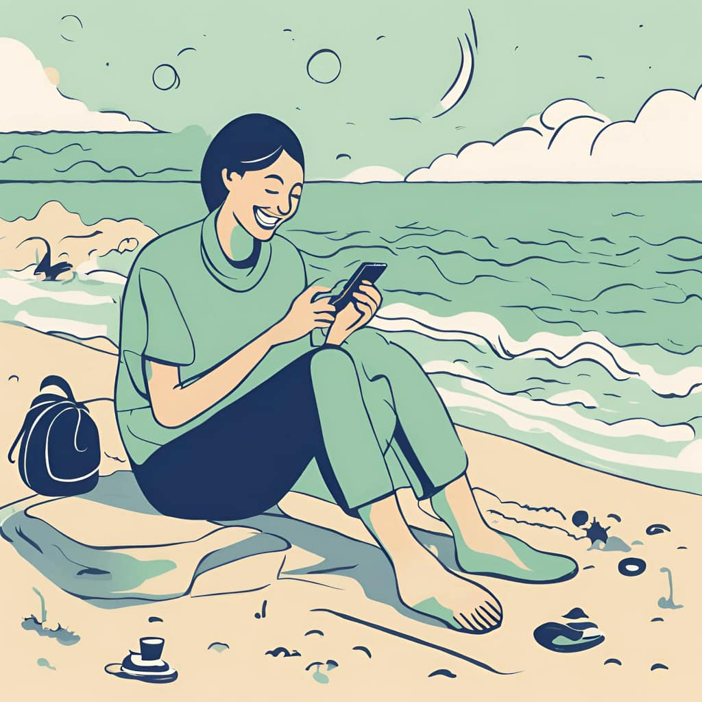 Girl smiling and sitting on a sandy beach looking at her mobile phone.