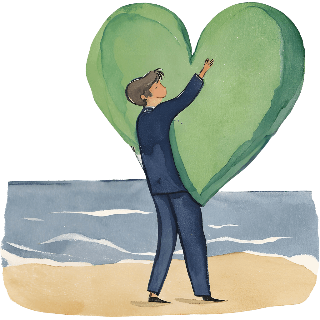 Drawing of person hugging giant heart.