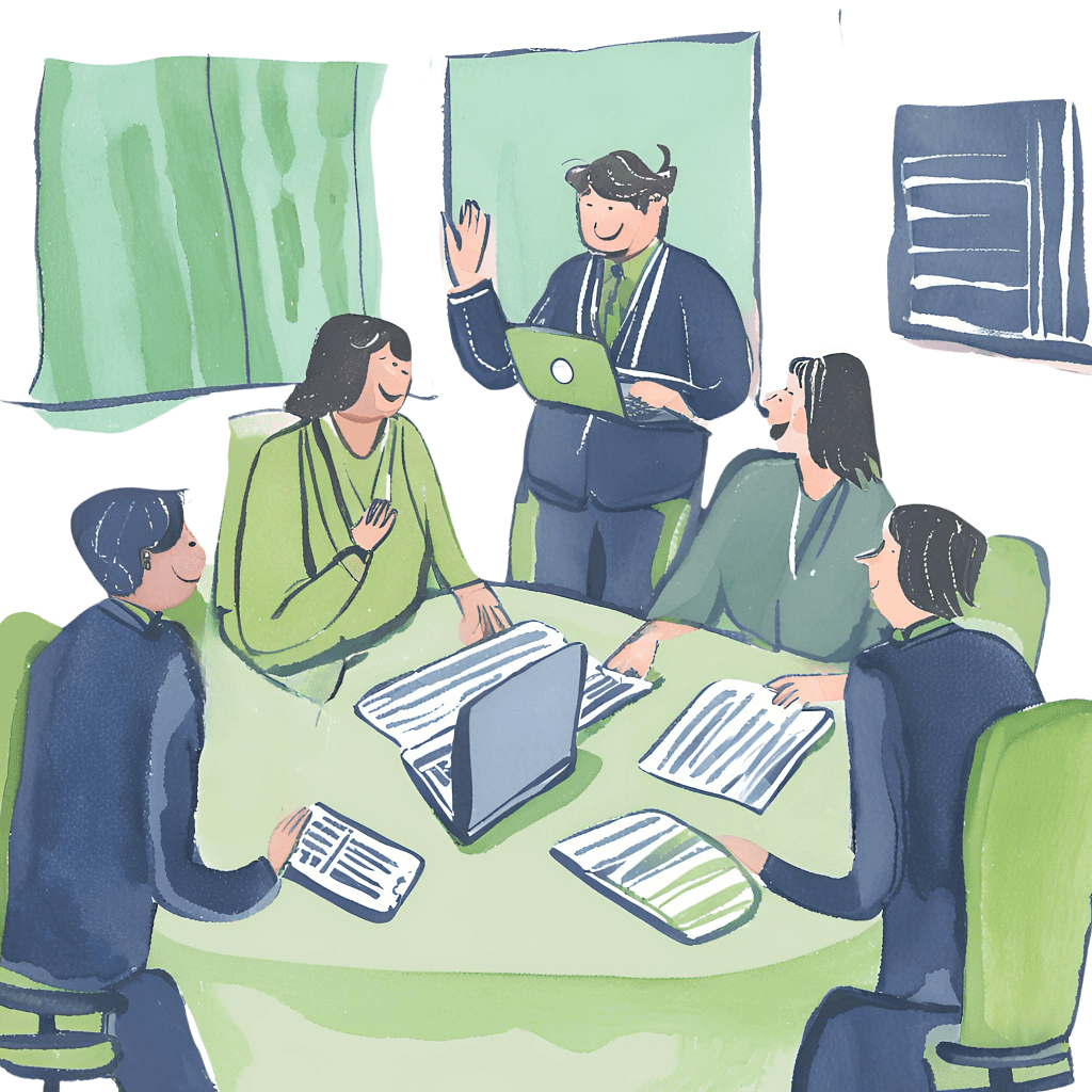 Drawing of person in meeting room talking and presenting to clients.