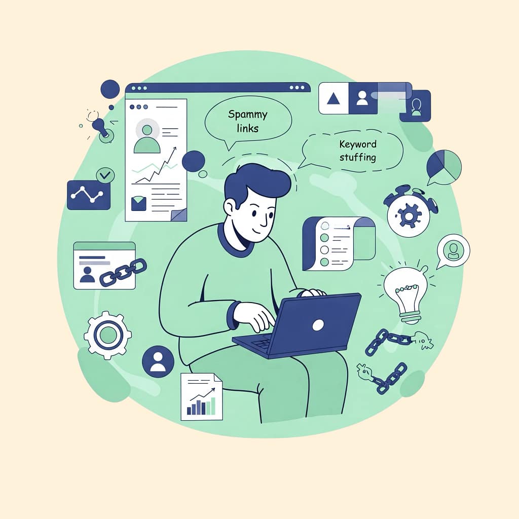 Person working with laptop, creating spammy links and using keyword stuffing.