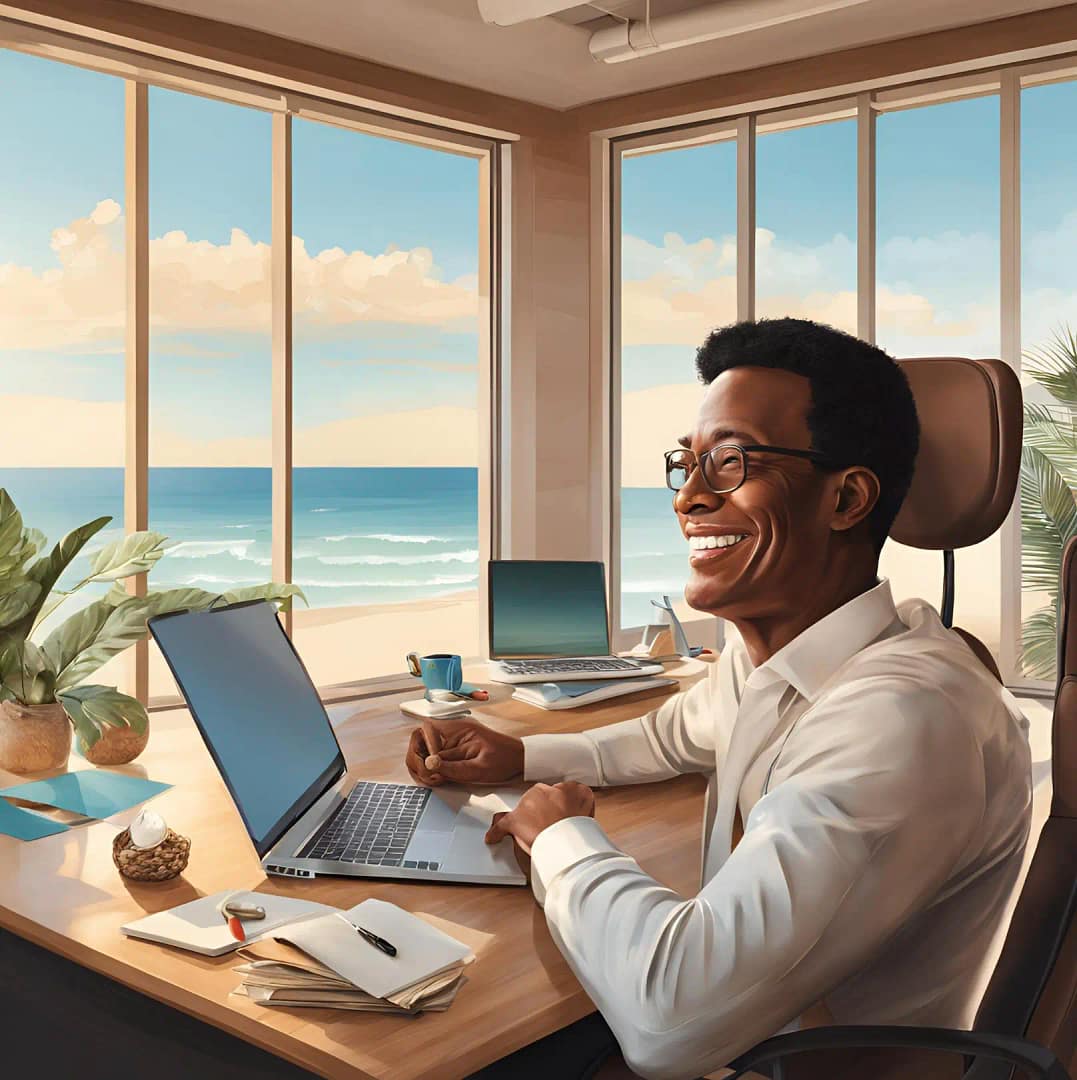 Man smiling, sitting in home office working with laptop and looking out the window.