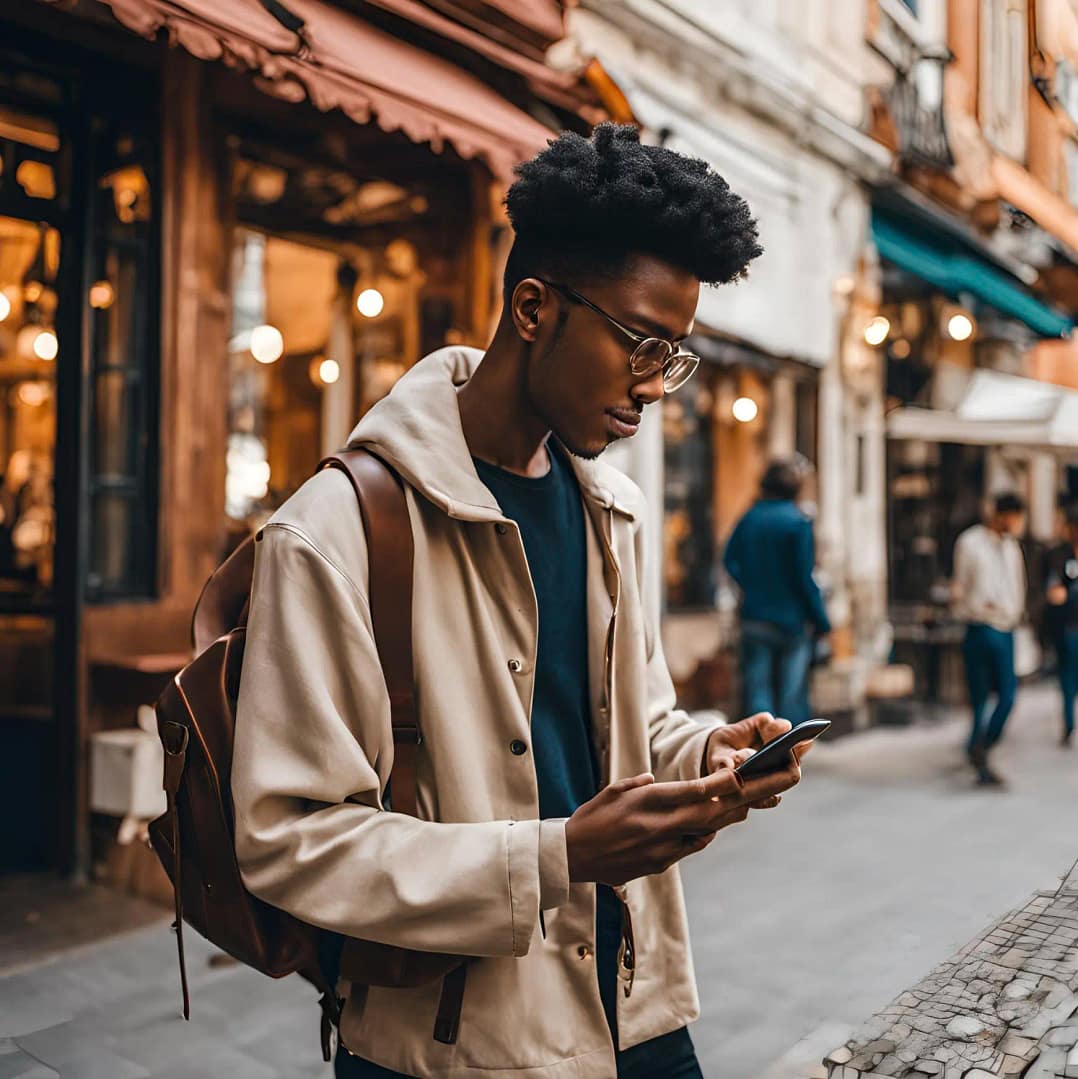 Young man checking mobile phone on the street