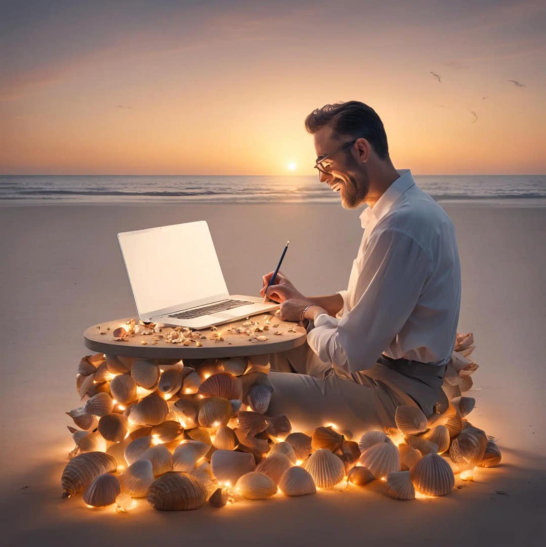 Content writer sitting on the beach at sunset with his laptop, surrounded by jingle shells.