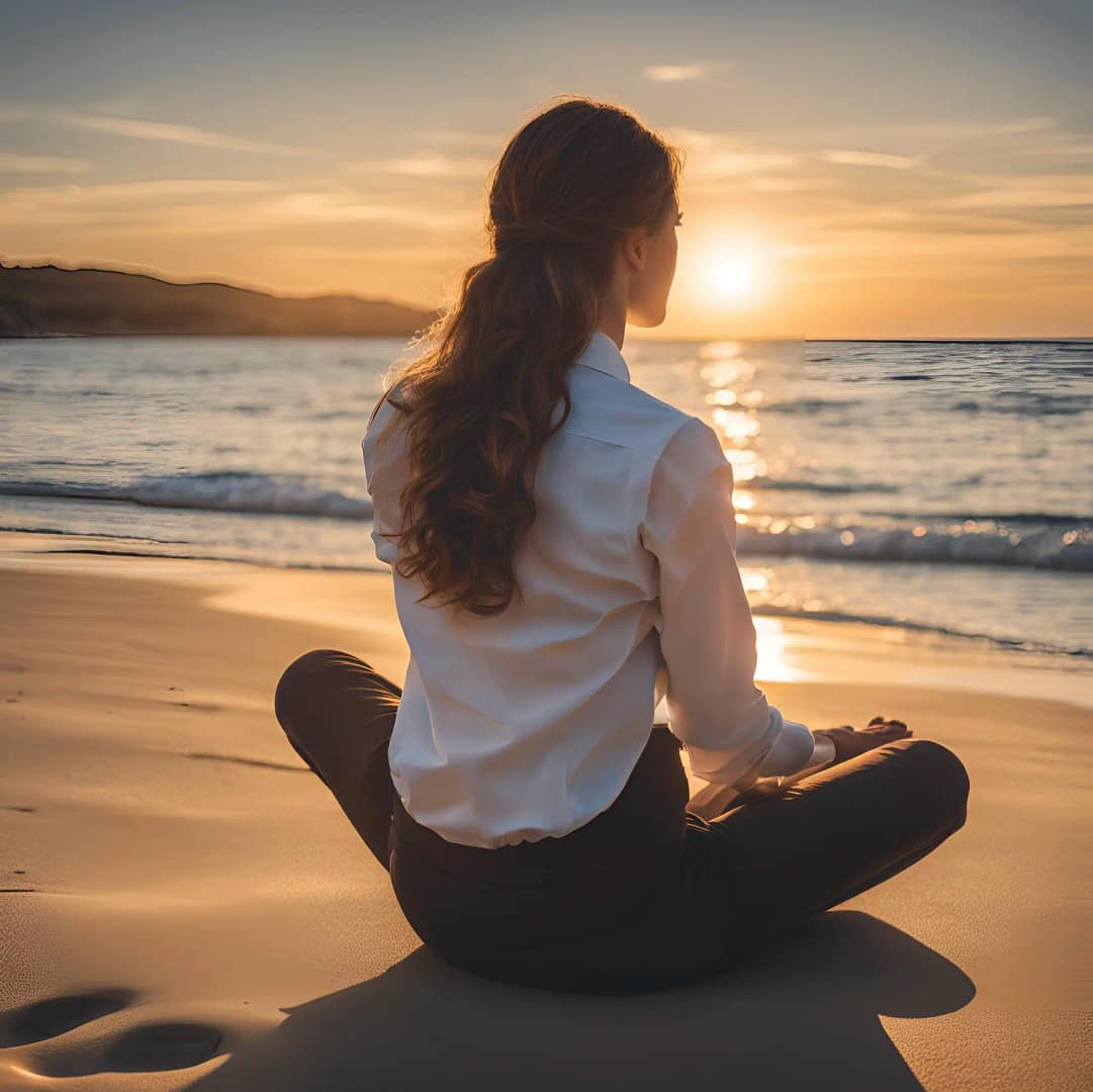 Woman sitting on the beach in office clothes looking at the sunset.