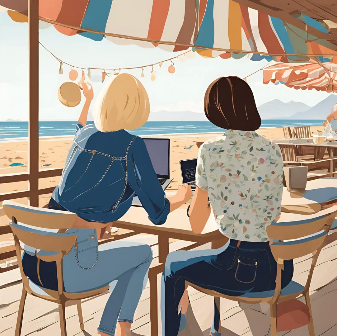 Two women sitting in cafe while working on laptops.