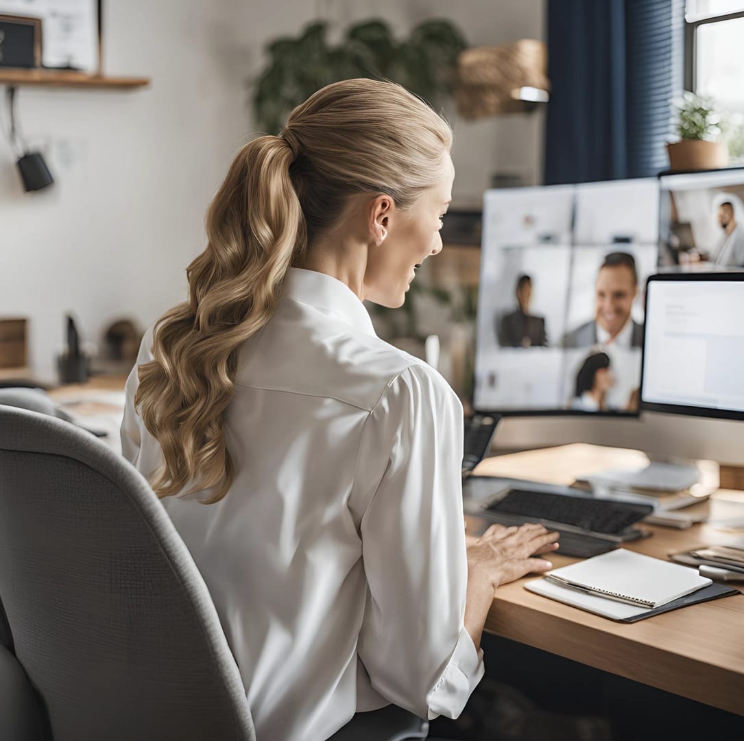 Woman sitting in home office on work video conference.