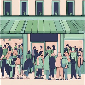 Drawing of people queuing outside a shop.