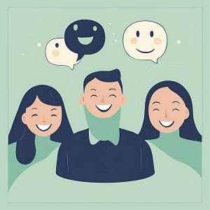 Drawing of three people smiling with speech bubbles floating above their heads.