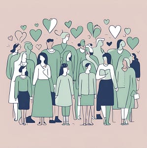 Drawing in pastel greens and navy blue of group of people with hearts floating above their heads.