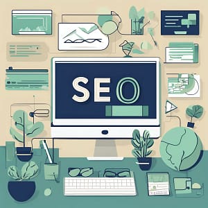 Drawing of a computer displaying SEO on its screen, referring to a training course.