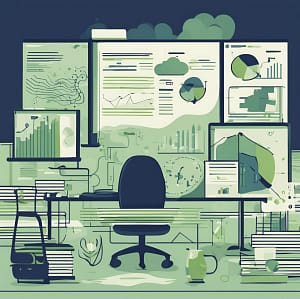 Drawing of an office setting with data on the wall and computer screens.