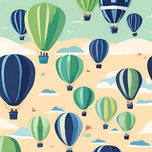 Drawing of hot air balloons flying over a sandy beach.