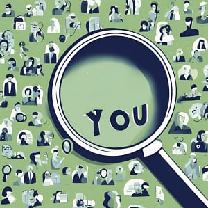 Drawing of a magnifying glass with the word YOU inside.