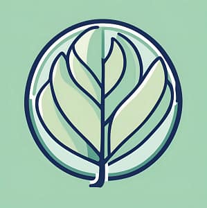 Drawing of a leave in pastel greens and navy blue colours.