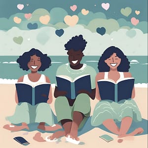 Drawing of people smiling reading on the beach, with hearts floating over their heads.