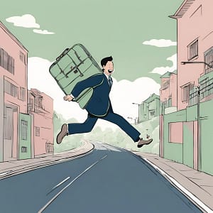 Drawing of a person running and happily carrying a suitcase on his back.