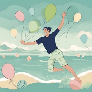 Drawing of person flying high holding onto balloons.
