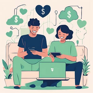 Drawing of two happy people sitting at home surfing the web on their mobile phones.